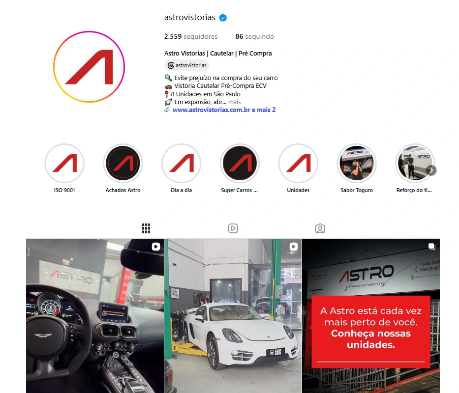 Perfil do Instagram da Astro Vistorias com a identidade visual aplicada