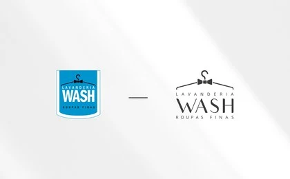 Evolução do logotipo da Lavanderia Wash: do selo azul ao logotipo com cabide