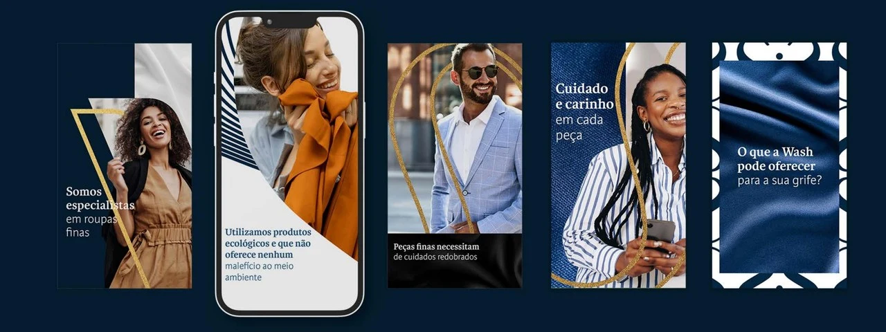 Grade de stories do redesign da Wash: "Somos especialistas em roupas finas", "Cuidado e carinho em cada peça"
