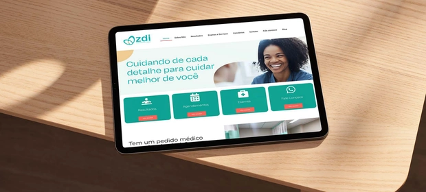 Site da ZDI Diagnósticos em tablet, com a nova identidade visual aplicada