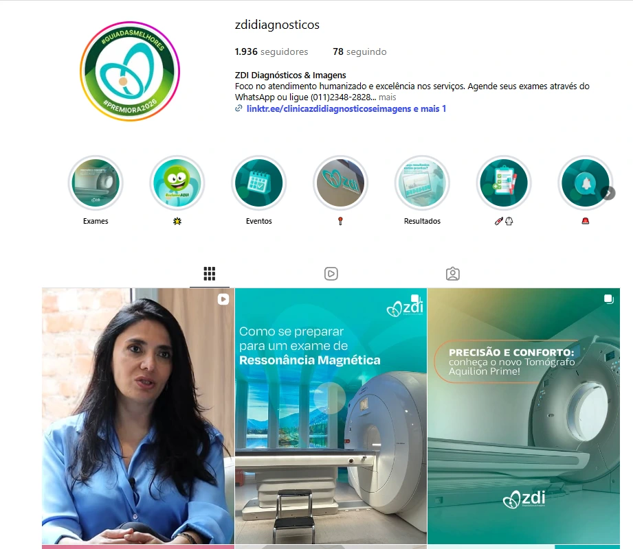Perfil do Instagram da ZDI Diagnósticos com a identidade visual aplicada